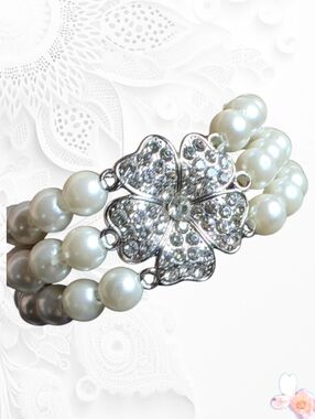 Faux Pearl Triple Strand Bracelet Rhinestone Flower Clasp Bridal Style 609